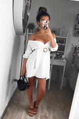 White Plunge Crepe Belted Dress - Baily