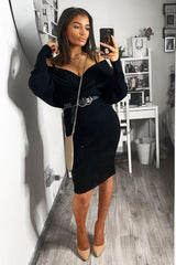 Black Wrap Front Knit Midi Dress - Edan