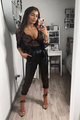 Black Sheer Lace Cup Long Sleeve Bodysuit - Izela