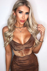 Brown Velvet Ribbed Plunge Bodycon Dress - Brandy