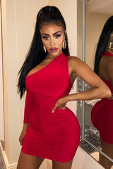 Red One Sleeve Slit Detail Slinky Mini Bodycon Dress - Bronwyn
