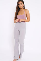 Grey Ribbed Kick Flare Trousers - Chlo