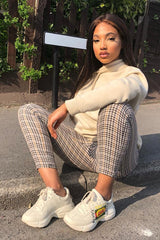 Brown Check Button Front Skinny Leg Trousers - Simone