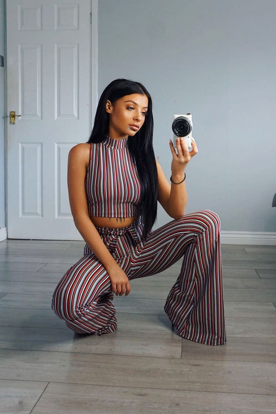 Wine And Black Striped Crop And Trousers Co-Ord - Chrisley