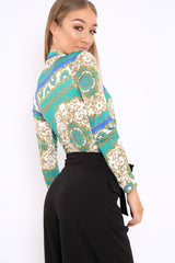 Blue and Green Scarf Print Plunge Bodysuit - Chrissy