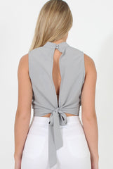 Grey Highneck Open Back Crop Top - Christina