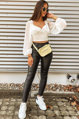 White Swiss Dot Frill Trim Crop Top - Mena