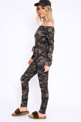 Khaki Camo Rip Knee Jumpsuit - Chyna