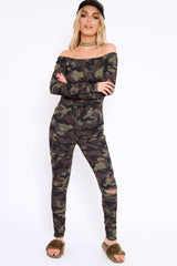 Khaki Camo Rip Knee Jumpsuit - Chyna