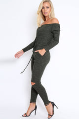 Khaki Ribbed Rip Knee Jumpsuit - Chyna