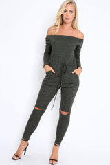 Khaki Ribbed Rip Knee Jumpsuit - Chyna