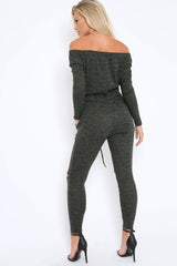 Khaki Ribbed Rip Knee Jumpsuit - Chyna