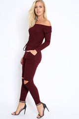 Wine Ribbed Rip Knee Jumpsuit - Chyna