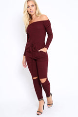 Wine Ribbed Rip Knee Jumpsuit - Chyna