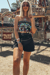 Black Embellished Sheer Top with Sequin and Coin Tassels - Ciani