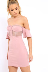 Rose Bardot Frill Lace up Front Bodycon Dress - Ciceley