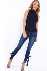 Navy High Neck Ribbed Top - Cicely
