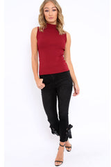 Wine High Neck Ribbed Top - Cicely