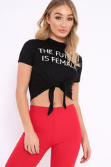 Black Slogan Tie Front Tshirt - Cicilia