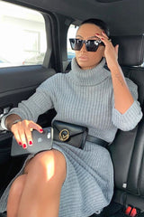 Grey Knitted Roll Neck Jumper Dress - Cecily