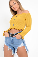 Mustard Button Up Cropped Bardot Jumper - Cielo