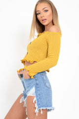 Mustard Button Up Cropped Bardot Jumper - Cielo