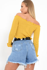 Mustard Button Up Cropped Bardot Jumper - Cielo