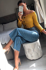 Mustard Button Up Cropped Bardot Jumper - Cielo