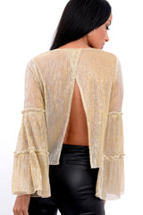 Gold Metallic Frill Detail Flare Sleeve Top - Cindy