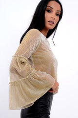 Gold Metallic Frill Detail Flare Sleeve Top - Cindy