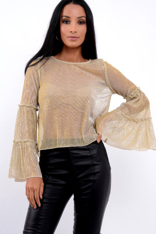 Gold Metallic Frill Detail Flare Sleeve Top - Cindy