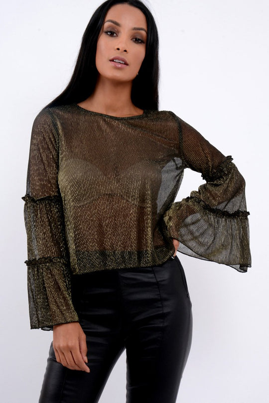 Black Metallic Frill Detail Flare Sleeve Top - Cindy