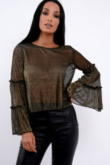 Black Metallic Frill Detail Flare Sleeve Top - Cindy