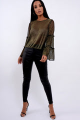 Black Metallic Frill Detail Flare Sleeve Top - Cindy