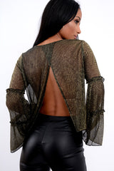 Black Metallic Frill Detail Flare Sleeve Top - Cindy
