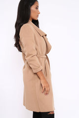 Camel Long Length Waterfall Belted Coat - Cindy