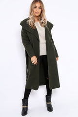 Khaki Long Length Waterfall Belted Coat - Cindy
