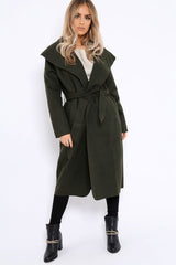 Khaki Long Length Waterfall Belted Coat - Cindy