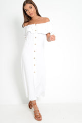 White Bardot Frill Button Front Midi Dress - Clancy