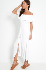 White Bardot Frill Button Front Midi Dress - Clancy