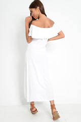 White Bardot Frill Button Front Midi Dress - Clancy