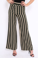Khaki and Beige Striped High Waist Wide Leg Trousers - Clarabell
