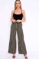 Khaki and Beige Striped High Waist Wide Leg Trousers - Clarabell