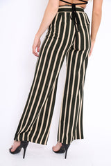 Khaki and Beige Striped High Waist Wide Leg Trousers - Clarabell