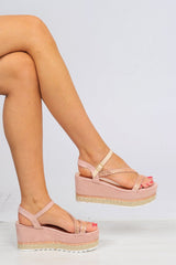 Pink Faux Suede Dimante Ankle Strap Wedges - Clarah