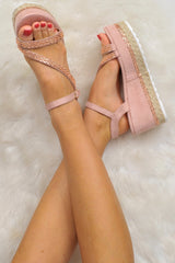 Pink Faux Suede Dimante Ankle Strap Wedges - Clarah
