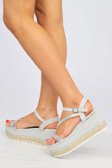 Grey Faux Suede Dimante Ankle Strap Wedges - Clarah