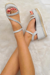 Grey Faux Suede Dimante Ankle Strap Wedges - Clarah