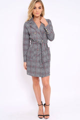 Hound-Tooth Tartan Button Tie Front Blazer Dress - Clare