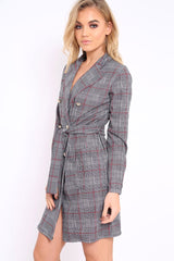 Hound-Tooth Tartan Button Tie Front Blazer Dress - Clare